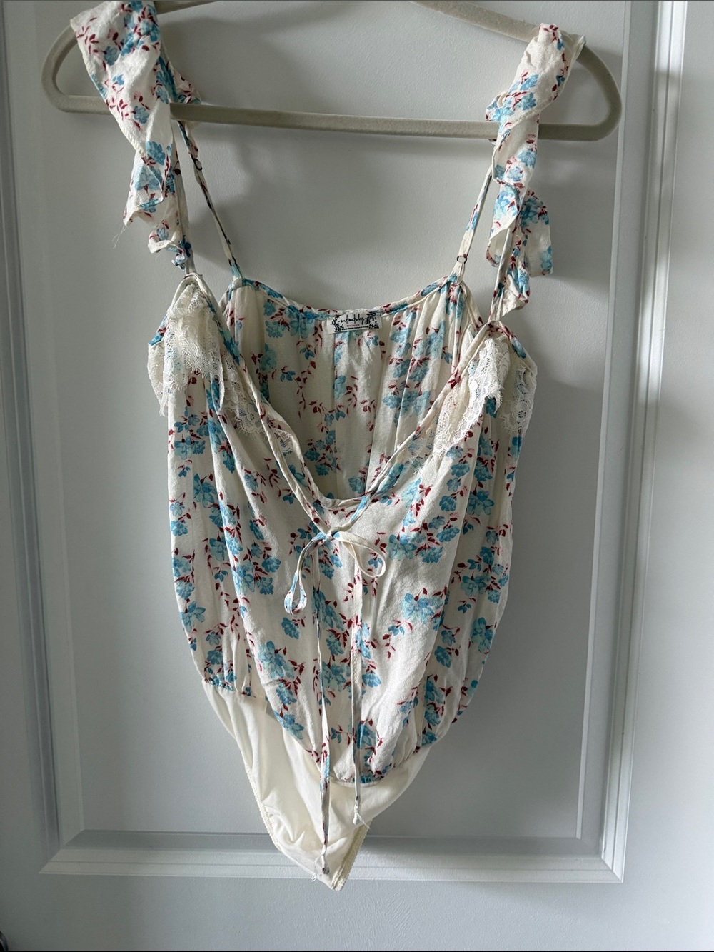 Floral Tie-Front Ivory Blue Women's Bodysuit